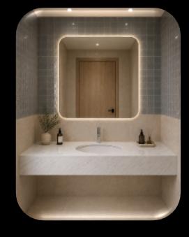 Private bathroom with backlit mirror and stone vanity