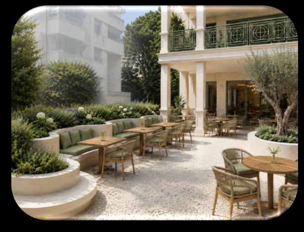 Outdoor patio with garden seating and olive trees
