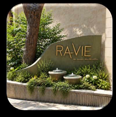 Ravie entrance sign and fountain